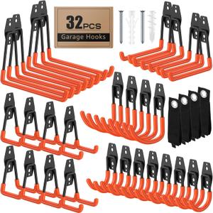 32 Pack Garage Hooks with Anti-Slip Coating Heavy Duty Wall Mount Hooks for Garage Storage and Hanging Hoses Bike Garden Tools Ropes etc