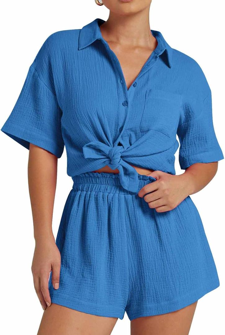 Flygo Womens Casual 2 Piece Outfits Cotton Linen Sets Button Down Oversized Shirt Shorts 2025 Pajama Lounge Beach Set (Small, Blue)