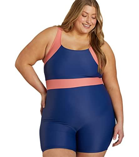 Sporti Plus Size Women Boyleg One Piece Swimsuit - Unitard Bathing Swimsuit - Athletic Water Aerobic Competitive Bathing Suit- Sleeveless Swimming Suit - Colorblock - Navy/Watermelon - 24W