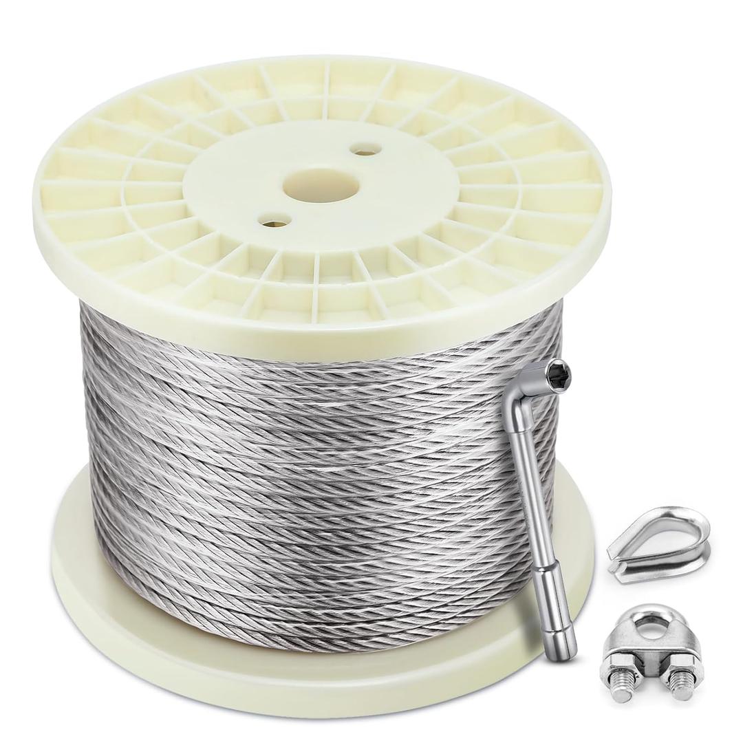 1/4" Stainless Steel Cable 150FT, 7x19 Strand Wire Rope Aircraft Cable with Clamps & Thimbles, 6400lbs Breaking Strength for Zipline Cable, String Light Hanging, Clotheslines and DIY Projects