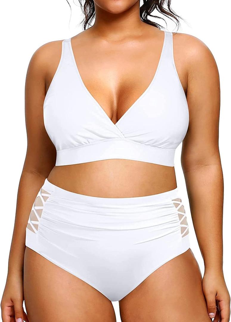 Yonique Womens Plus Size Bikini High Waisted Swimsuits Two Piece Bathing Suits Tummy Control Swimwear (White) L
