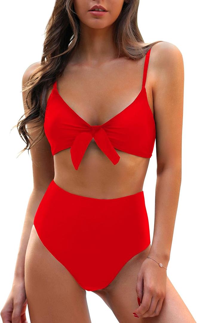 Blooming Jelly Women's High Waisted Bikini Set Tie Knot High Rise Two Piece Swimsuits Bathing Suits (Large, Red)