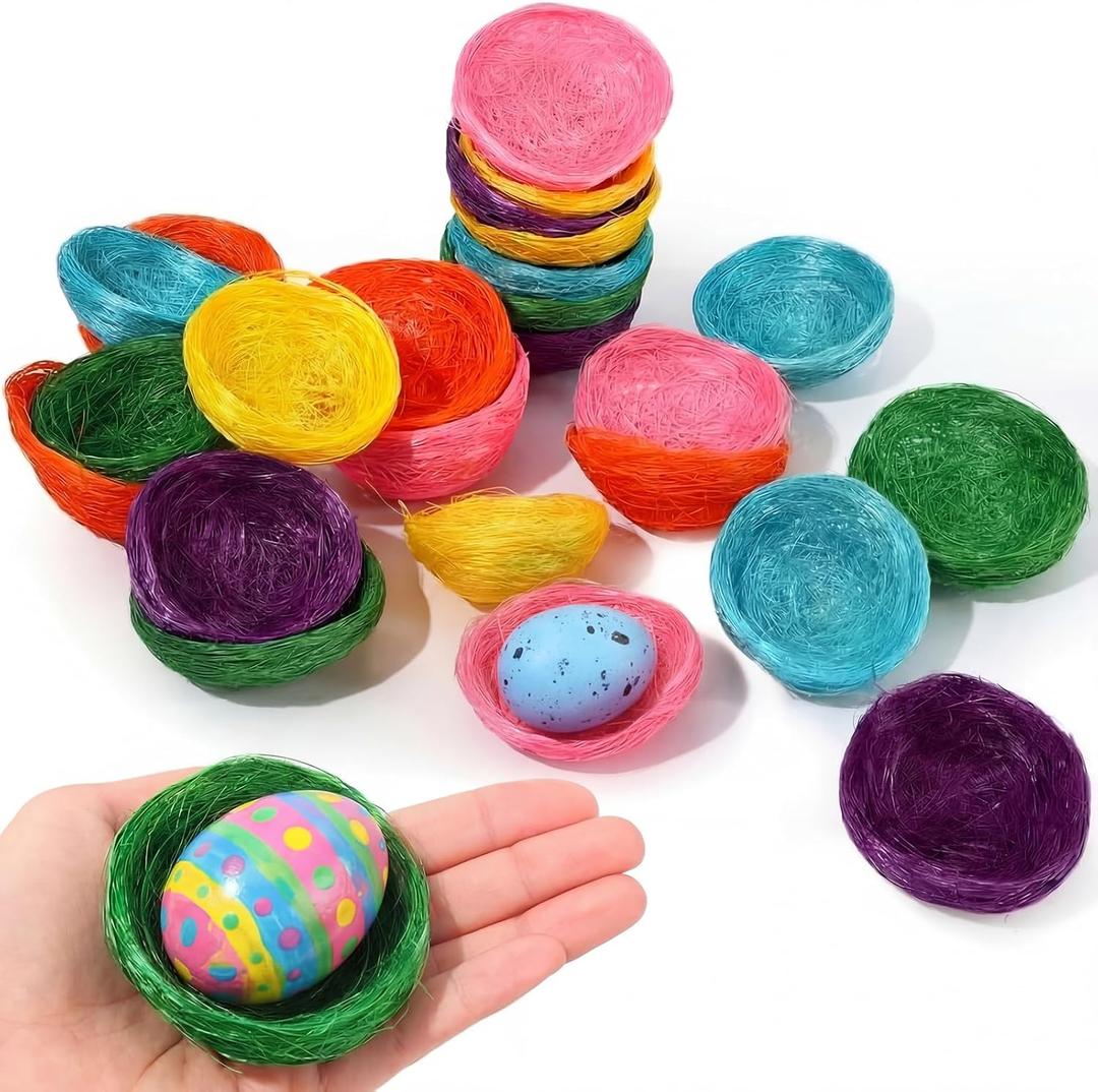 Yinkin 24 Pcs 2.4 Inch Easter Mini Bird Nest Decor Artificial Bird Nests for Crafts Small Decorative Easter Egg Holders Bulk, 6 Color for Spring Party Yard Garden Home DIY Basket, Fit Eggs Candy Gift