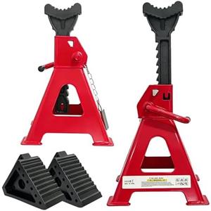 HENBOW Jack Stands，3 Ton Jack Stands with Solid Wheel Chocks，6600lbs Capacity,11"-16.33" Adjustable Car Lift Stands with Double Pin Locking,Black,1 Pair，Red