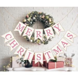 Whaline 2Pcs Christmas Burlap Banner Pink Merry Christmas Banner Festive Bunting Garland for Xmas Winter Home Hanging Decorations