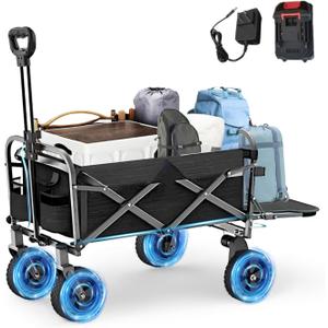 Electric Collapsible Folding Wagon Cart, Heavy Duty Beach Wagon with Big Wheels and Adjustable Handle, Utility All Terrain Cart for Garden, Grocery, Shopping, Camping Outdoor (Black)