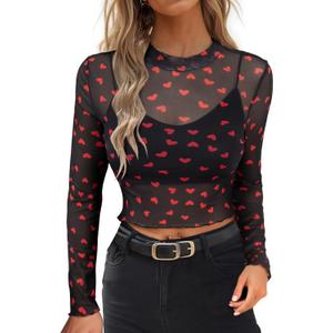SOFIA'S CHOICE Women's Heart Print Mesh Crop Top See Through Long Sleeve Shirts Black, Large