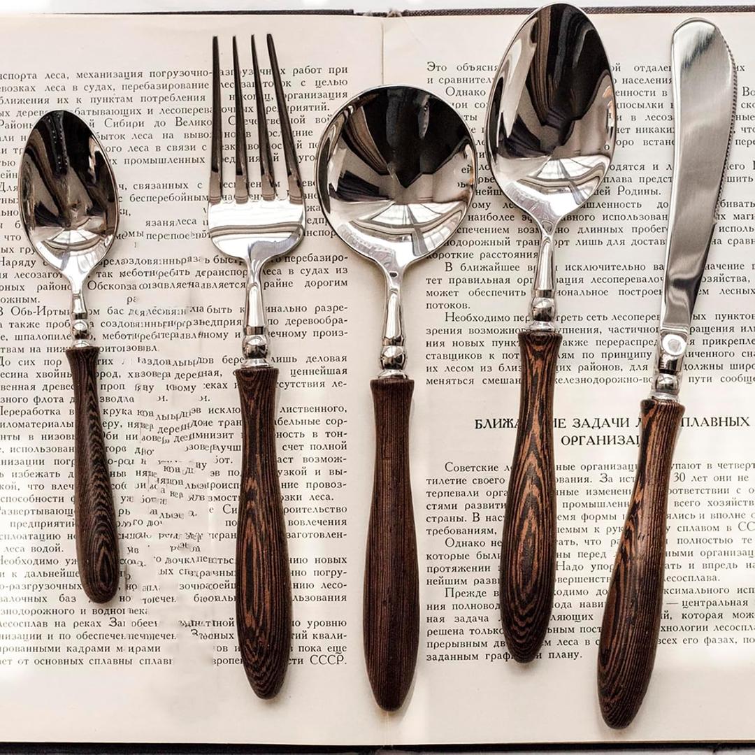 30 Piece Silverware Set Service for 6,Premium Wooden Handle Stainless Steel Flatware Set Home Include Fork Knife Spoon Set Package for Christmas and ThanksgivingDark Brown