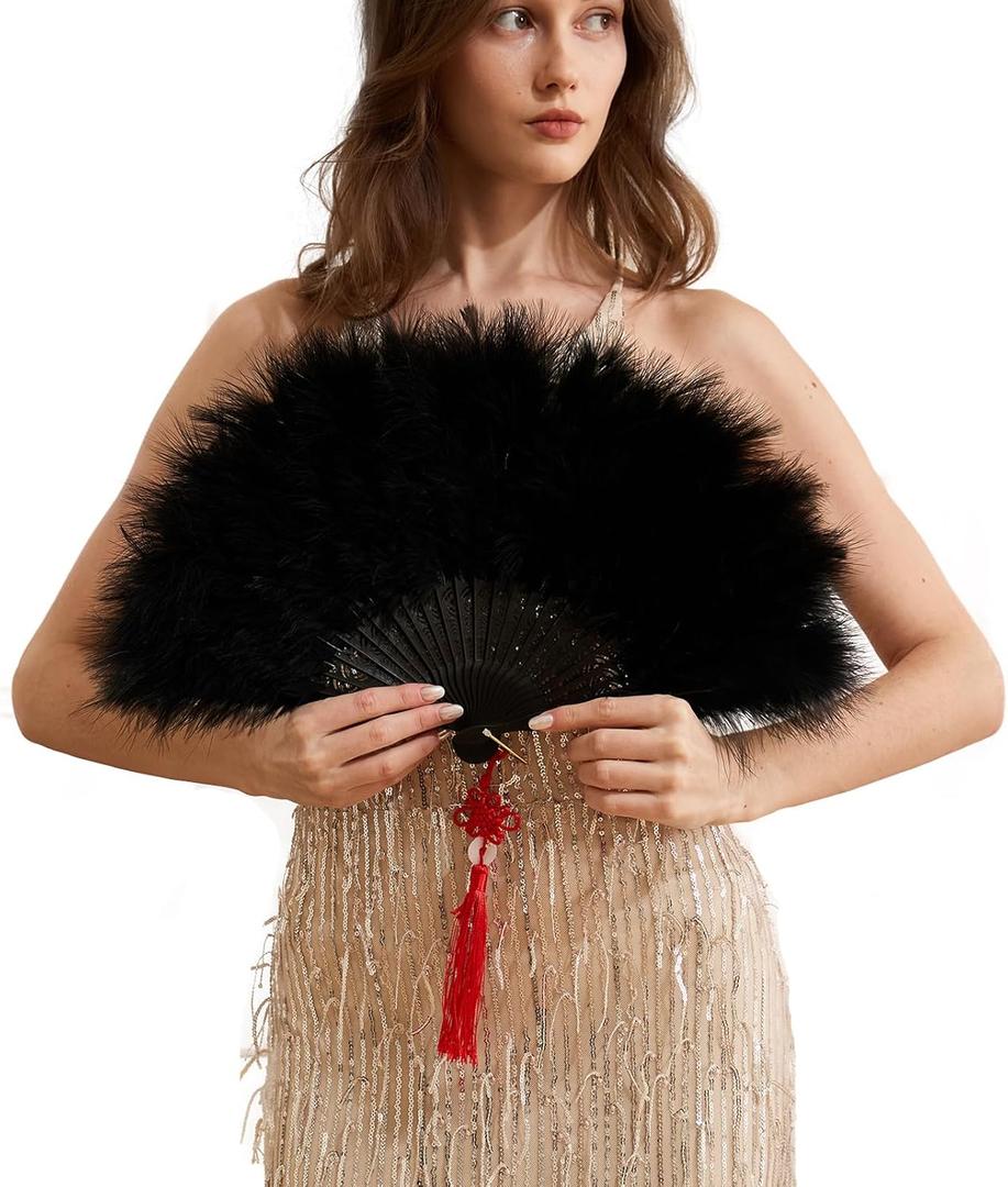 Happy Feather Handheld Marabou Feather Fan, 1920s Vintage Style Flapper Hand Fan for Costume Party and Dancing-Black