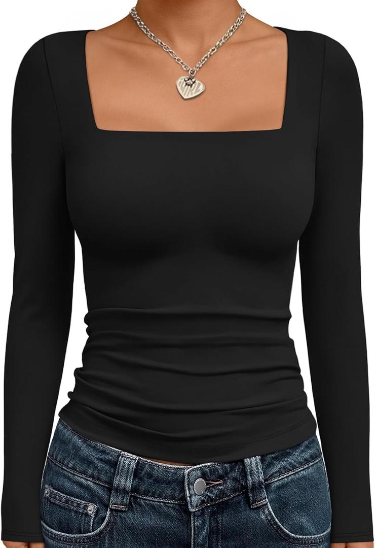 Trendy Queen Womens Cropped Long Sleeve Top - Square Neck Y2K Going Out & Workout Shirts, Soft Stretchy Fit (Large, Black)