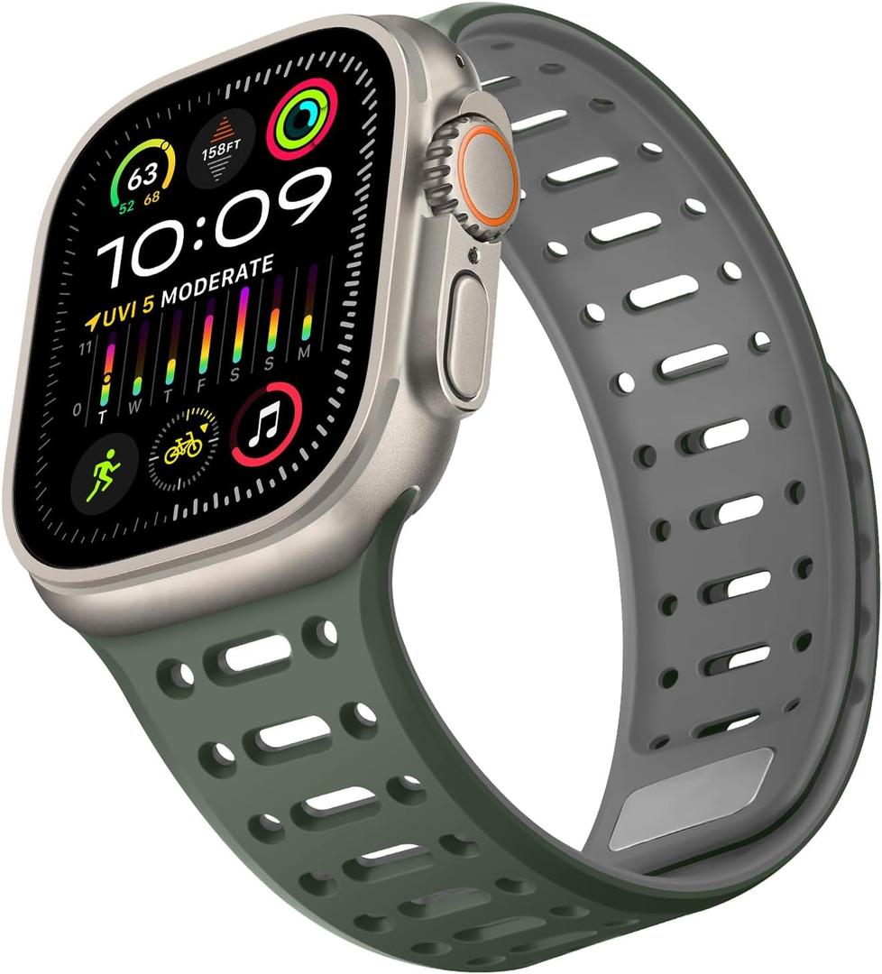 Compatible with Apple Watch Band 49mm 46mm 45mm 44mm 42mm 41mm 40mm 38mm, Magnetic Silicone Sport Breathable Strap for iWatch Ultra 2 SE Series 10 9 8 7 6 5 4 (49/46/45/44/42mm, Green/Gray)