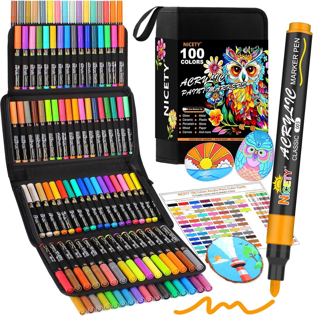 100 Colors Acrylic Paint Pens Paint Markers, 3mm Medium Tip Paint Markers for Rock Painting, Canvas, Wood, Stone, Ceramic, Glass, Fabric, DIY Crafts & Art Supplies