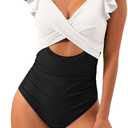B2prity Women's One Piece Swimsuit Ruffle Cutout Bathing Suits Slimming Tummy Control V Neck Wrap Swimwear (Large, White,black)