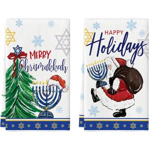 Artoid Mode Santa Claus Candle Hanukkah Kitchen Towels Dish Towels, 18x26 Inch Farmhouse Xmas Trees Decoration Hand Towels Set of 2