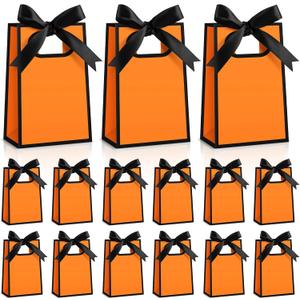 Kolldenn 24 Pcs Small Gift Bags with Bow 6.3 x 3.9 x 2.8 Inch Thank You Gift Bags Elegant Mini Paper Bag with Handles for Wedding Bridal Birthday Baby Shower Bridesmaid Party Favors(Orange Black)