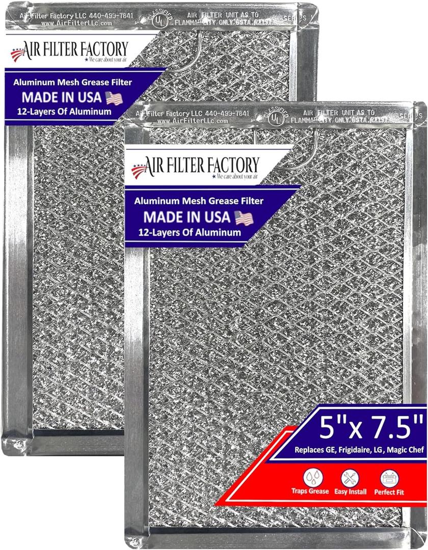 12-Layer Air Filter Factory 5" x 7.5" Pull Tab Microwave Grease Filter Replacements For Many GE, Frigidaire, Magic Chef & LG Microwave Oven Models Filter Set of 2 (Pull Tab Short Side)