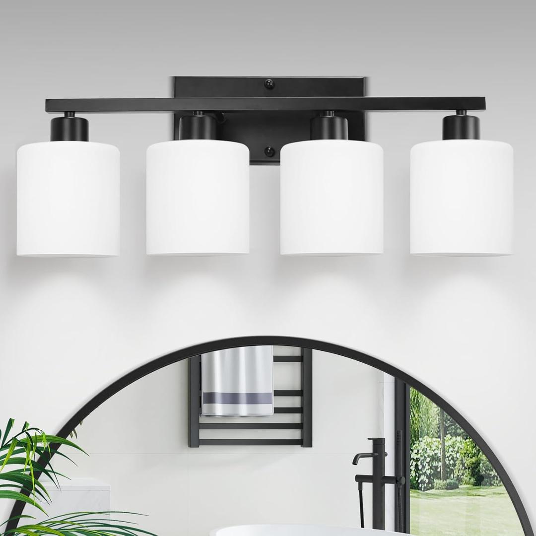 CANMEIJIA 4-Light Bathroom Vanity Light Fixtures, Matte Black Vanity Wall Scones Lighting for Bedroom Living Room, Modern Vanity Lights with Milky White Glass Shades, E26 Socket, Bulbs Not Included