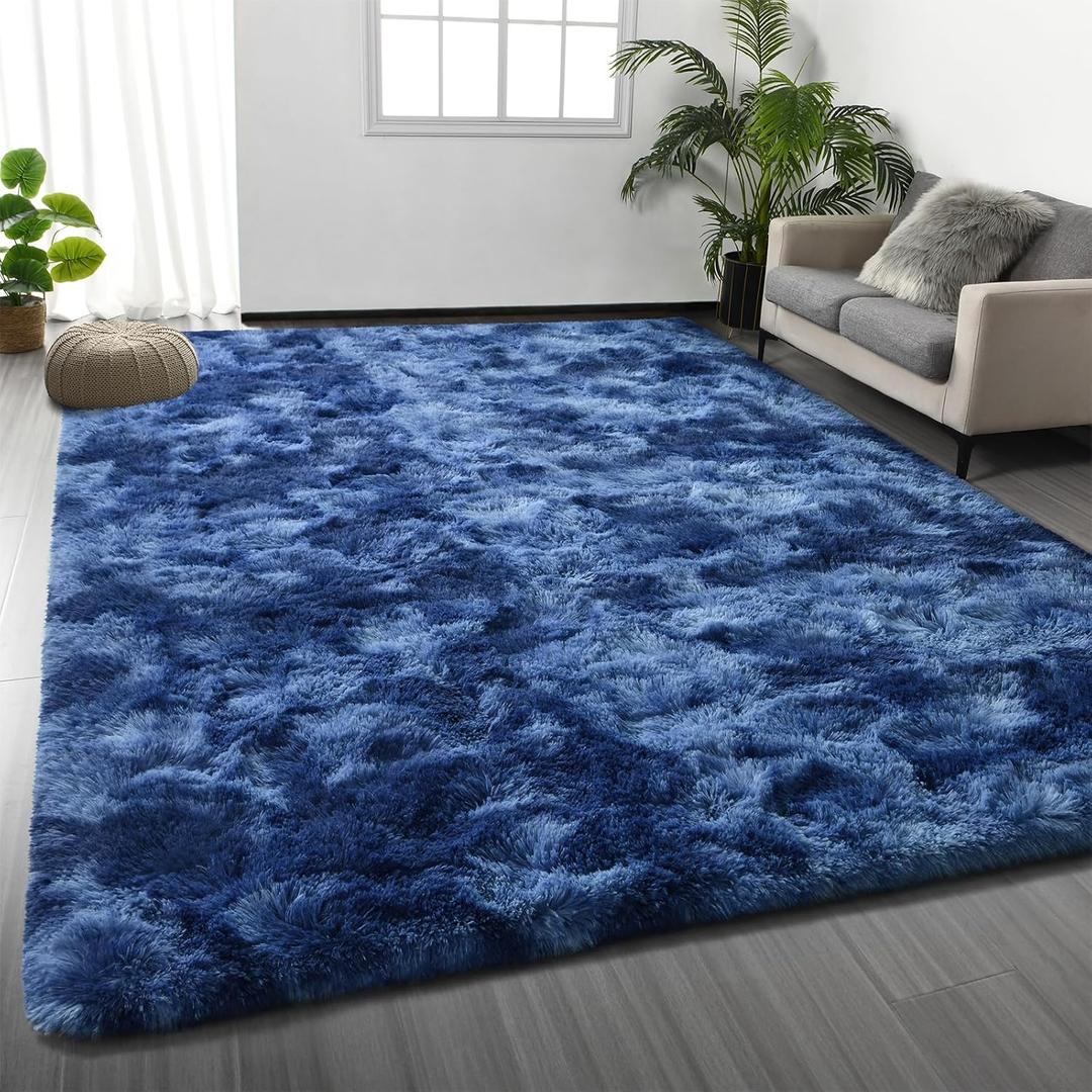 Large Shag Area Rugs 6 x 9, Plush Fuzzy Rugs for Living Room, Ultra Soft Fluffy Furry Rug for Bedroom, Indoor Carpet Nursery Rugs for Kids Room Home Decor, Tie-Dyed Navy Blue