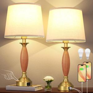 Seealle Touch Bedside Lamps for Nightstand - Bedroom Lamps Set of 2 with USB C+A, 3 Way Dimmable Table Lamps for Living Room (Wood Body and Gold Base)