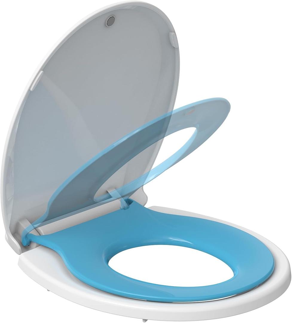19" Elongated Potty Training Toilet Seat, Built-In Soft Quiet-Close Lid with Magnetic Blue Kids Seat and Non-Slip Design, Easy to Install and Clean