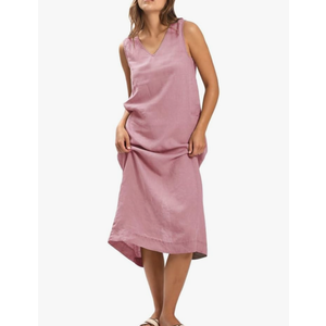 Amazhiyu Women's 100% Linen Plant-Dyed Sleeveless V-Neck Midi Dress with Slit S, Pink