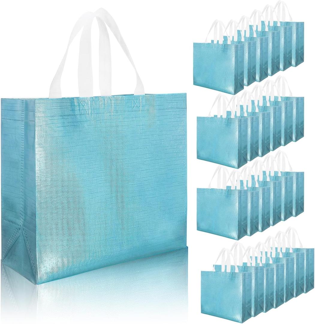 25 Pcs Blue Reusable Gift Bags with Handle, Non-woven Party Favor Bags Bulk Sturdy Base Glossy Bridesmaid Bag for Wrapping Gifts, Birthday, Wedding, Parties, Graduation 12.4 x 4.7 x 10.8 Inches, 1 Count