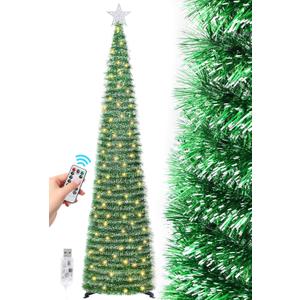 6 FT Pop Up Christmas Tree with 100 LED Timer Lights & Remote, Green Collapsible Christmas Tinsel Tree Artificial Pencil Tree Xmas Decoration for Holiday Home Office Party, USB Powered (Green - White Edges)