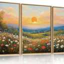 HOURIA Boho Sunrise Wildflower Framed Canvas Wall Art Set,Watercolour Nature Inspired Landscape Wall Decor,Colorful Floral Scenery Artwork,Modern Art Prints for Living Room,Bedroom,Farmhouse-24"x36"x3