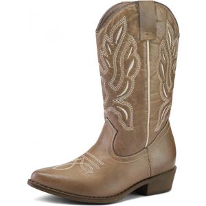 mysoft Women's Western Cowboy Boots Embroidered Mid-Calf Pointed Toe Cowgirl Boot (7.5, Light Brown)