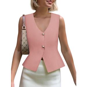 Yousify Womens Sweater Vest V Neck Button Down Crop Knit Tank Top Fashion 2025 Sleeveless Basic Cardigans (Pink)