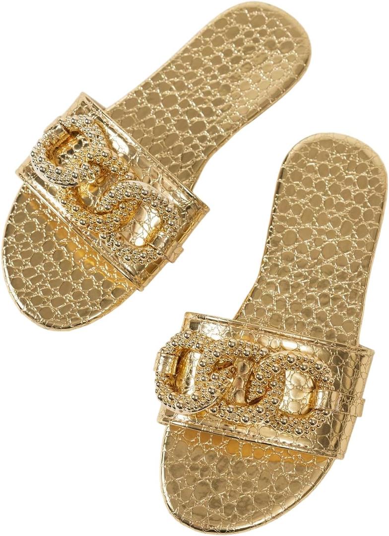 OYOANGLE Women's Gold Chain Crocodile Embossed Sandals Dressy Metallic Flats Open Toe Slides (Gold, 11.5)