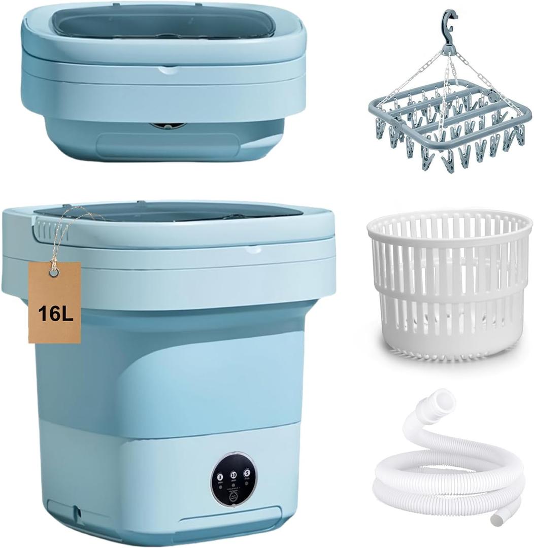 Portable Washing Machine 16L Foldable Mini Washer with Drying Rack,Spin Basket,Top Fill Port,Water Inlet Hose&Drainage PipeCompact Collapsible Laundry Set for Small Clothes,Apartments,Dorms,Travel&RV