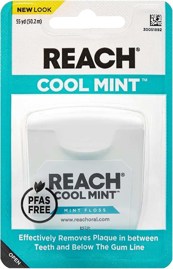 REACH Cool Mint Dental Floss, Fresh Mint, Plaque Remover for Teeth, Shred Resistant, Waxed, Easy on Gums & Teeth, Fresh Breath, Oral Care, PFAS Free, for Adults & Kids, 6 Pack, 55 yd