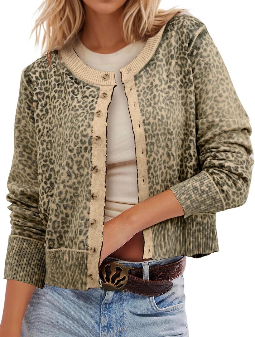 Ziesexy Leopard Cardigan Open Front Button Up Sweaters for Women Long Sleeve Shrug Cheetah Print Top Cropped Cardigan Jackets (Large, Leopard Dark Brown)