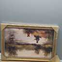 Vintage Gold Framed Wall Art Boy Fishing Country Oil Painting Canvas Prints Peaceful Lake Landscape with Dog Picture Rustic Farmhouse Poster Artwork for Nursery Living Room Bedroom, 16x24in