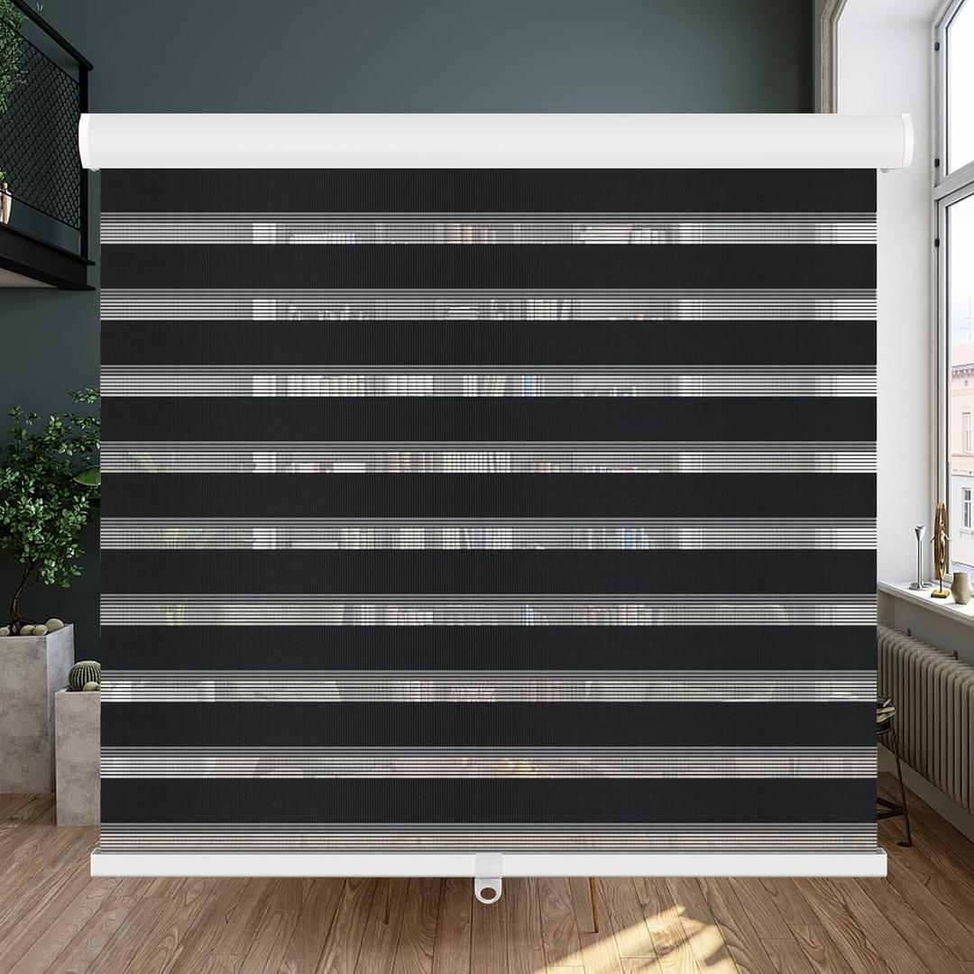 LUCKUP Cordless Zebra Blinds Roller Shades for Window-Dual Layer Sheer Blinds Light Control with Valance Day Night Privacy Light Filtering Fabric, 19" W x 72" H, Black