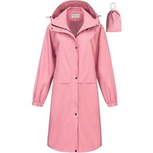CREATMO US Women's Long Waterproof Rain Coats Lightweight Rain Jacket Packable Windbreaker with Removable Hood, Size L