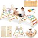 Pikler Triangle Set for Kids, 8 in 1 Colorful Montessori Large Climbing Toys for Toddlers 1-6 Inside with Ramp, Arch and Foldable Triangle, Wooden Child Indoor Playground (Natural Wood Colorful)