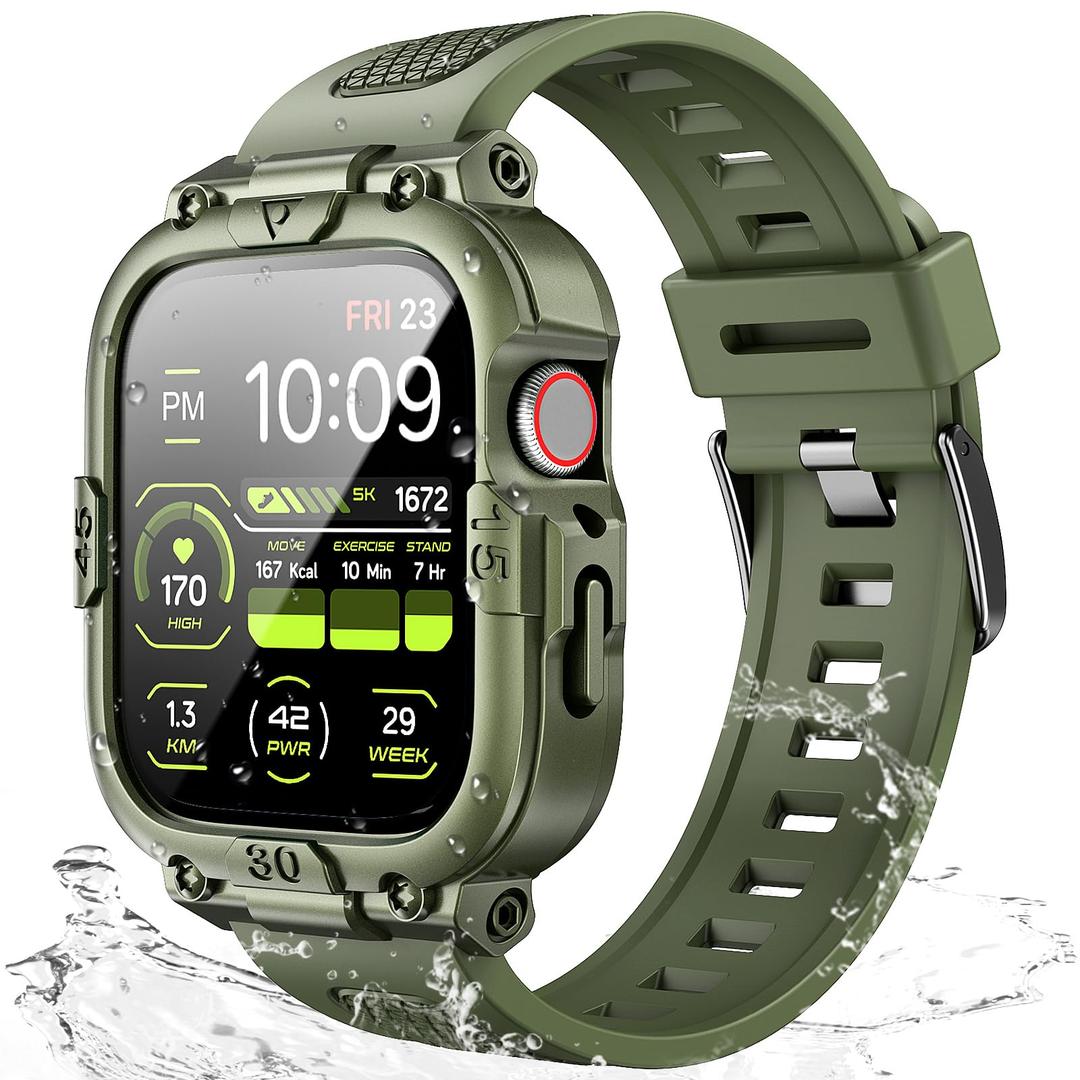 Dsytom Waterproof Case with Band Compatible for Apple Watch Band 45mm 44mm 41mm 40mm for Men ,Rugged Shockproof Smartwatch Strap Protective Bumper Cover with Built-in Tempered Glass Screen Protector
