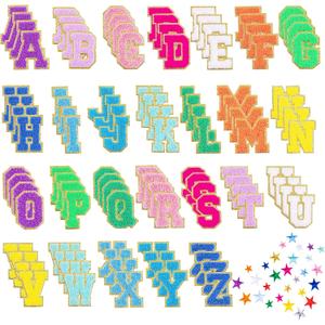 132 Pcs Varsity Letter Patches Kit - 104 Self Adhesive Chenille Letters & 28 Iron On Stars, No-Sew Fabric Patches for Clothes, Jackets, Backpacks, Hats, DIY Crafts (2.17")