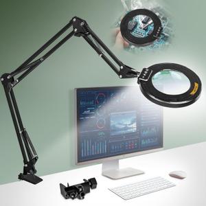 Ultra Long 3-Section Swing Arm 12X Magnifying Glass with Light and Stand, 4-way Large Strong Metal Clamp Lighted Magnifier Lamp, 5 Color Modes LED Magnifying Lamp for Workbench, Crafting, Hobby (35.2inch Black)