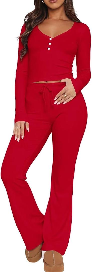 Ezbelle Women's Lounge Sets 2 Piece Outfits Long Sleeve Crop Button Down V Neck Shirt Knit Pajama Pant Fall Clothes S