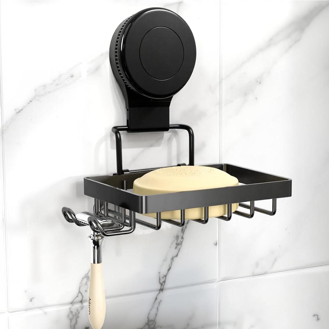 Soap Dish, Soap Bar Holder for Shower Suction Cup Stainless Steel No-Drilling Removable Waterproof Sponge Holder for Bathroom Bathtub Kitchen Sink(Black, 1-Tier)