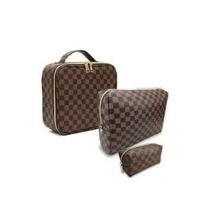Makeup Bag,3 Pcs Brown Checkered Bags Set,Portable with Adjustable Partition,Large Capacity Pouch for Travel Cosmetic Organizer, Makeup Brushes,Waterproof, Toiletries,Designer for Gift,Checkered