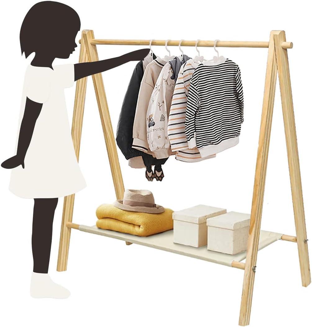 Garment Rack with Bottom Storage Shelf, Pine Wood, Dress up Rack for Kids, 35" Width