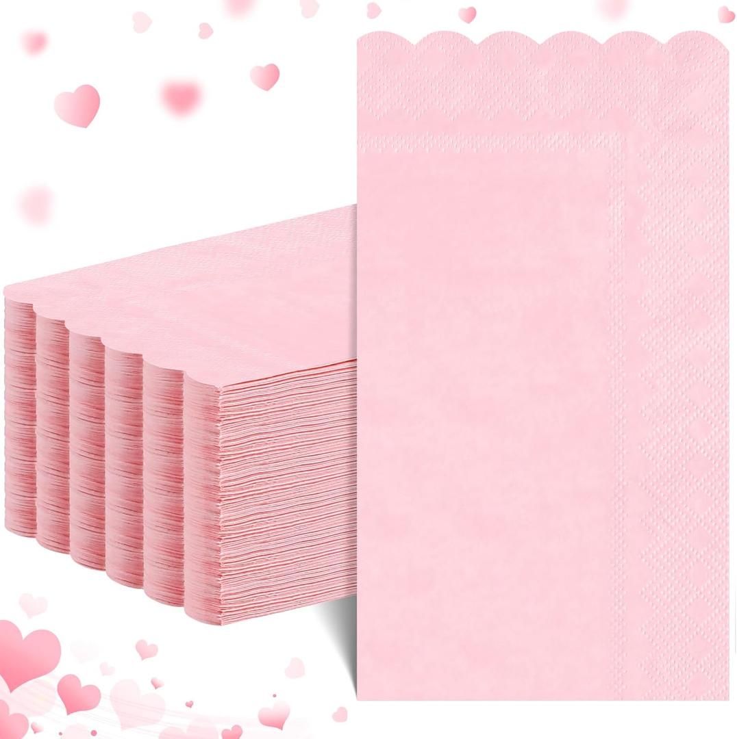 60 Pcs Pink Napkins, 2 Ply Scalloped Valentines Napkins Light Pink Disposable Guest Hand Towels for Bathroom Paper Party Dinner Napkin for Valentines Day, Wedding, Baby Bridal Shower, Birthday
