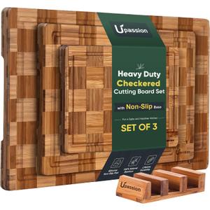 Heavy Duty Bamboo Cutting Board Set 3 Pack Non Toxic Juice Groove Charcuterie Board Book Wood Cutting Boards for Kitchen Solid End Grain Wood Chopping Board Large Butcher Block, Set of 3
