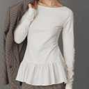 Womens Long Sleeve Peplum Tops Cute Ruffle Flowy Babydoll Shirts Fall Casual Pleated Crew Neck Tunic Tees (White)