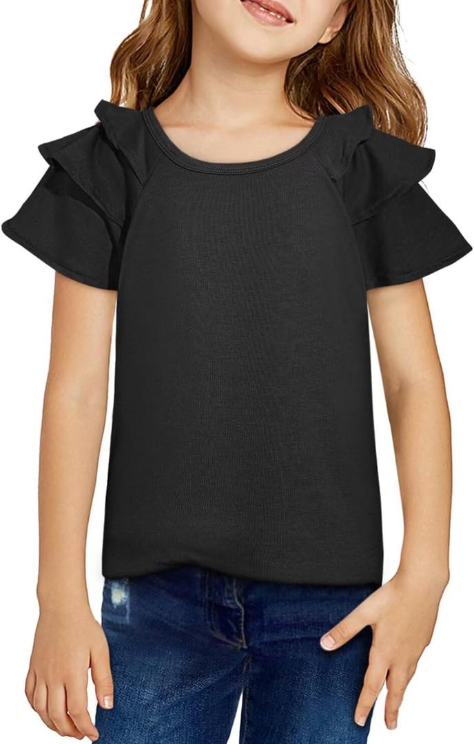 DOKOTOO KIDS Girls Ruffle Sleeve Shirts Summer Cute Crewneck Blouse Tops 6-15 Years (Black, L)