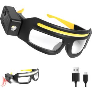 LED Rechargeable Headlight Glasses with Motion Sensor & Touch Control, Safety Glasses with Lights 5 Modes USB C Light Up Glasses for Outdoor Running Camping Hiking Work (Yellow)